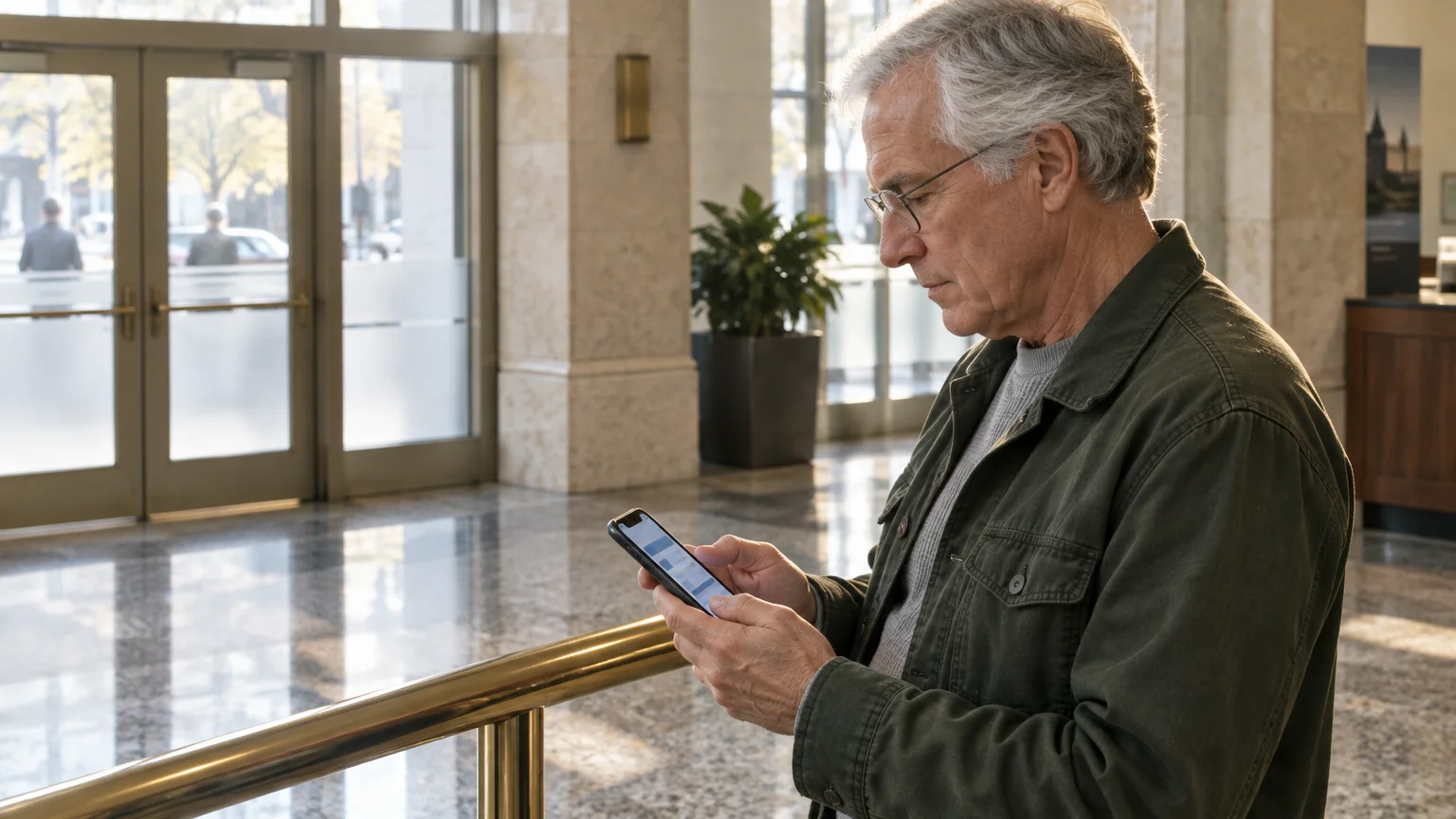 A mature man with glasses stands in a spacious lobby, looking down at his smartphone.