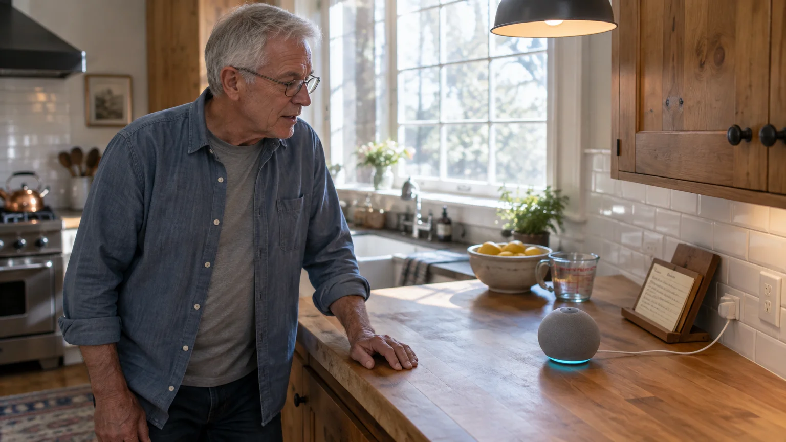 An older man in glasses stands in a kitchen looking at a round smart speaker glowing blue on a wooden counter.