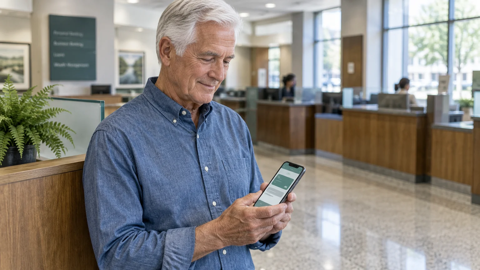 An older man with grey hair holds a smartphone while standing inside a bright bank lobby with teller desks behind him.
