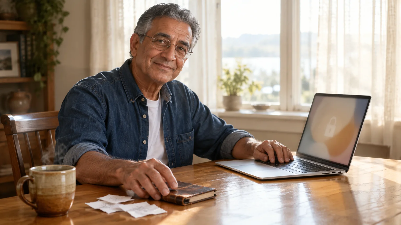 A smiling older man sits at a table with an address book, coffee mug, and laptop showing a lock icon.