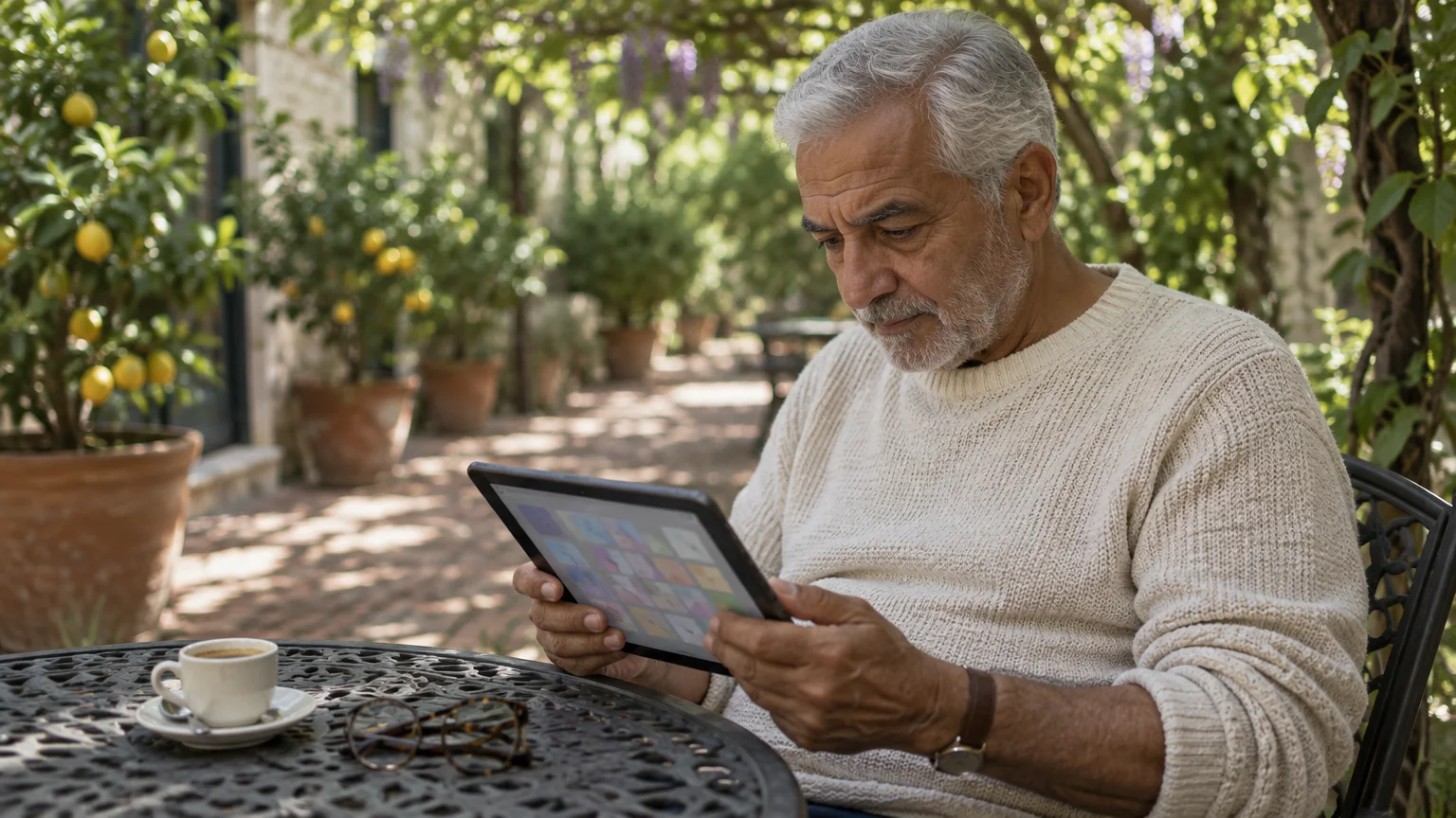 Older man with gray hair sitting at an outdoor patio table looking at a digital tablet.