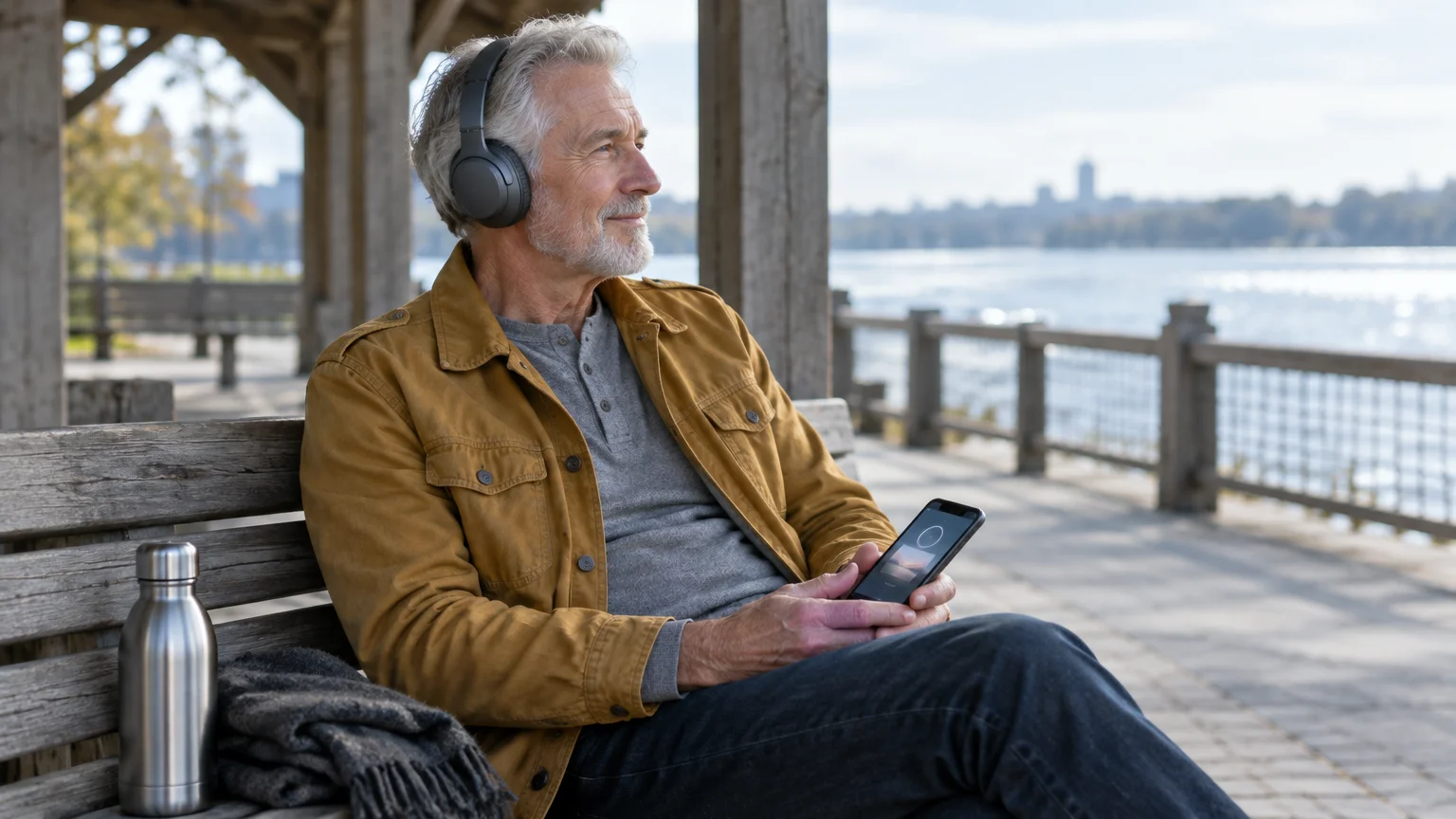 Senior man wearing over-ear headphones sits on a wooden bench by a waterfront pavilion holding a smartphone.