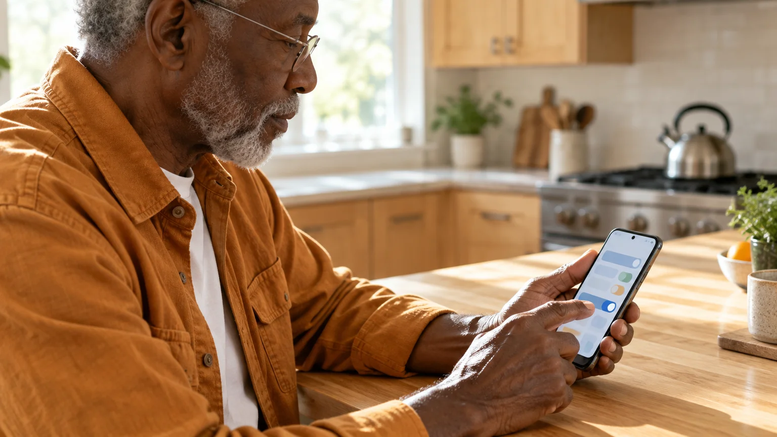 Senior man sitting at a kitchen island and tapping a toggle switch displayed on his smartphone screen.