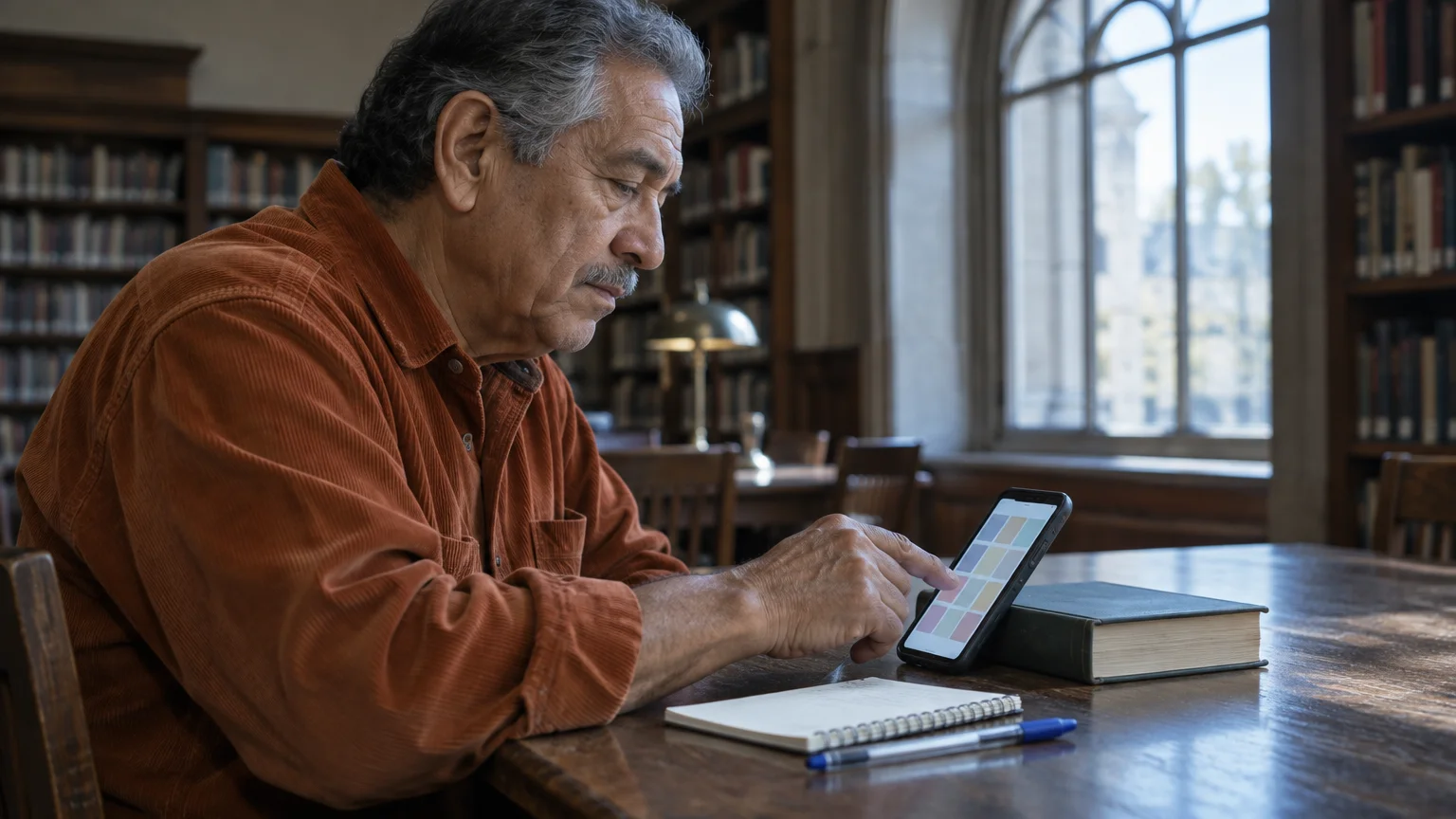 A man in a rust-colored shirt touches his smartphone screen at a wooden library table next to a notebook.