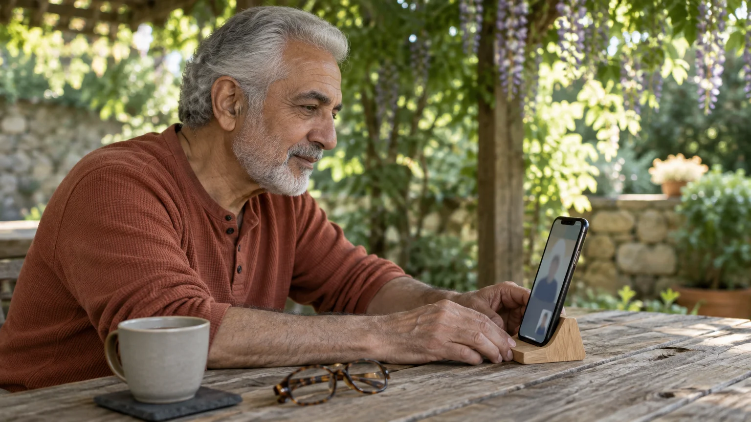 Older man with gray hair and beard smiling while on a video call on a smartphone propped on a wooden table outdoors.