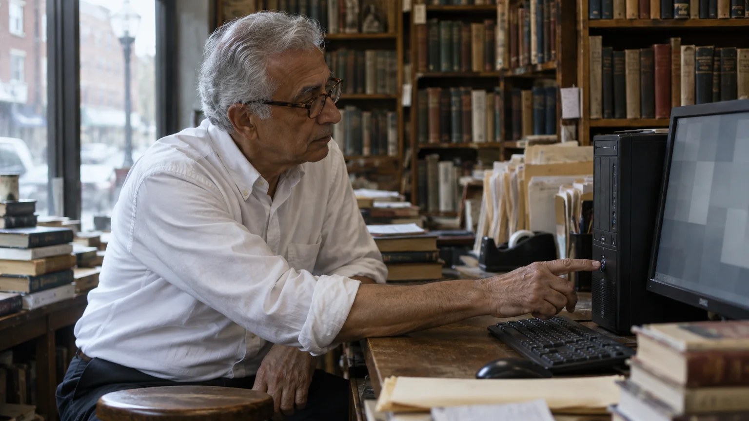 An older man wearing glasses sitting at a desk surrounded by books and pressing the power button on a black computer tower.