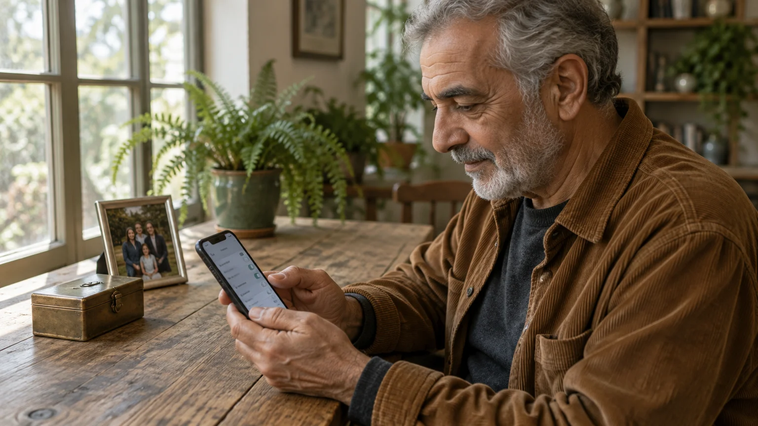 A mature man with gray hair sits at a wooden table and checks settings on his smartphone.