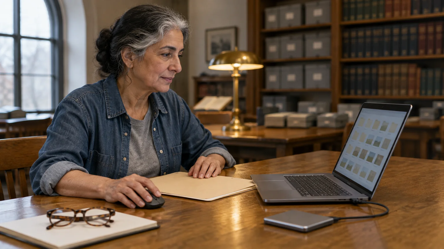 A mature woman with graying hair sits at a wooden library table using a laptop connected to an external drive.