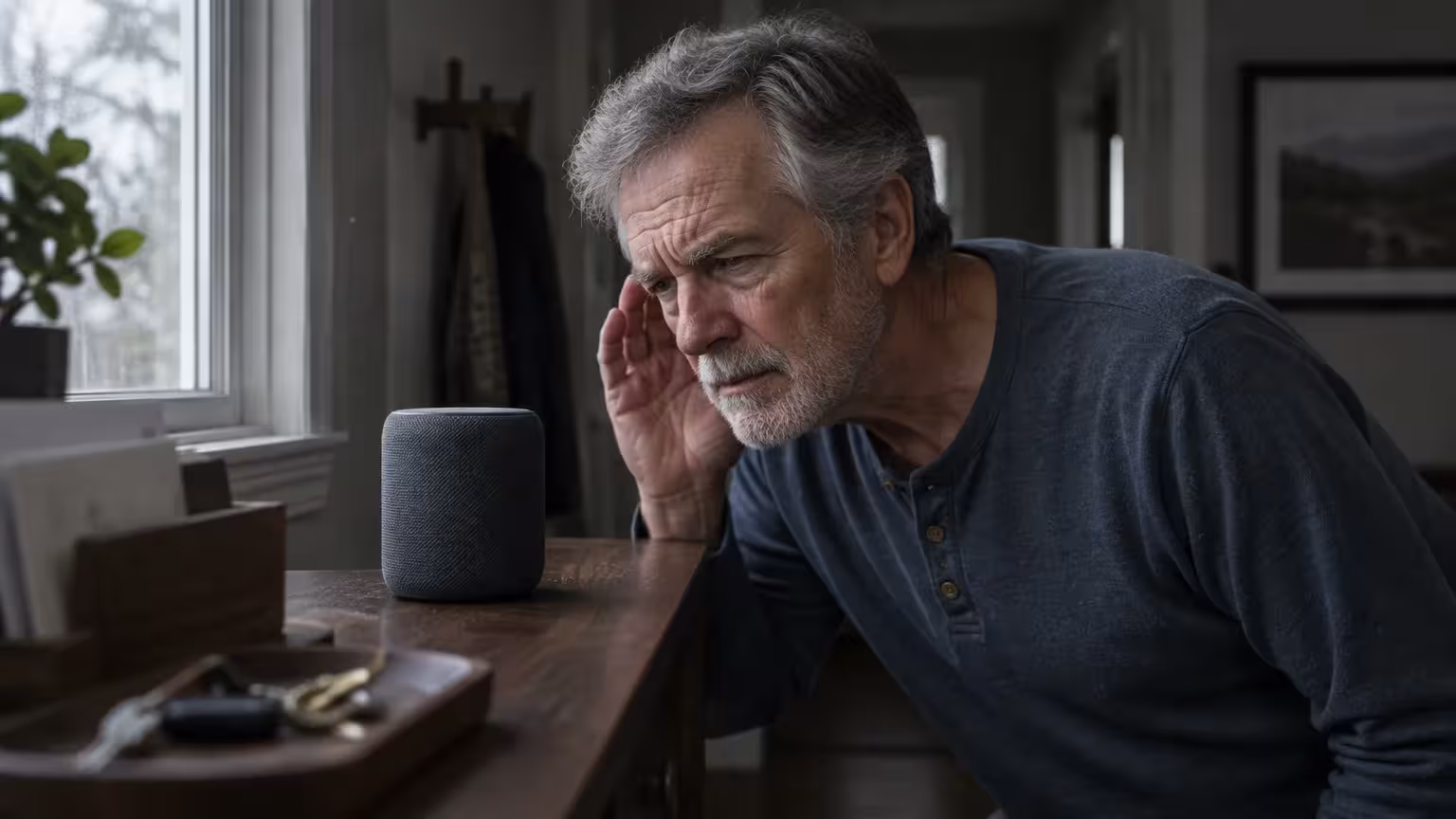 An older man leans closely toward a smart speaker on a wooden table, cupping his hand to his ear to listen.