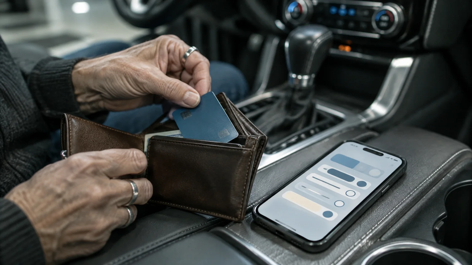 Close-up of a person in a car pulling a credit card from a leather wallet next to a smartphone.