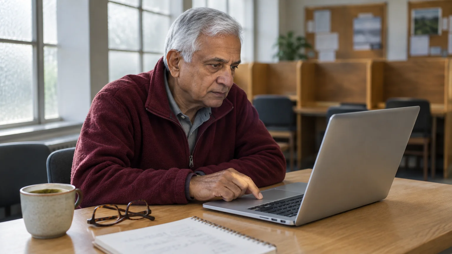 Senior man with grey hair in a red fleece sitting at a wooden desk, using a silver laptop with a mug and glasses nearby.