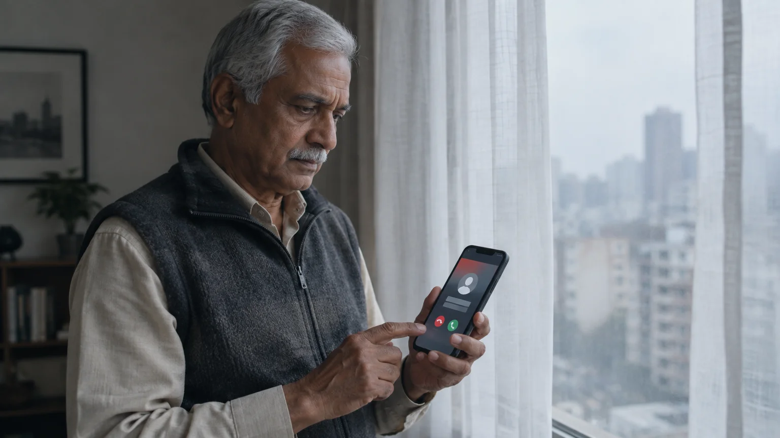 A senior man standing near a window looks intently at an incoming call displayed on his smartphone screen.