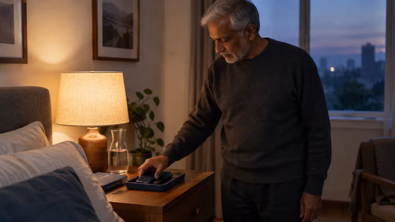 Older man with gray hair sets a smartphone screen-down into a bedside valet tray on a nightstand beside a lit lamp.
