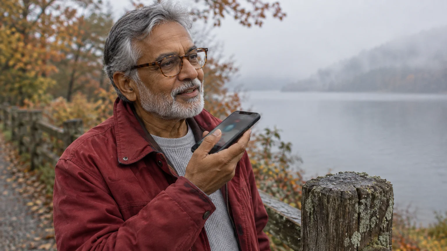 A bearded man in glasses speaks into his smartphone while standing outdoors near a lake on a foggy day.