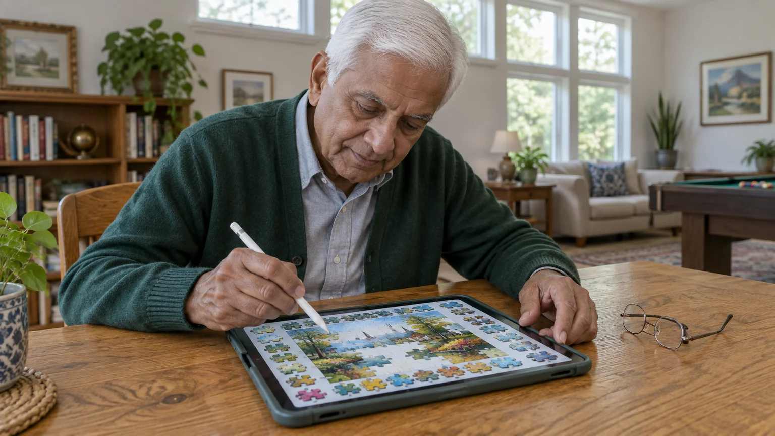 Senior man sitting at a wooden table solving a digital jigsaw puzzle on an iPad using an Apple Pencil stylus.
