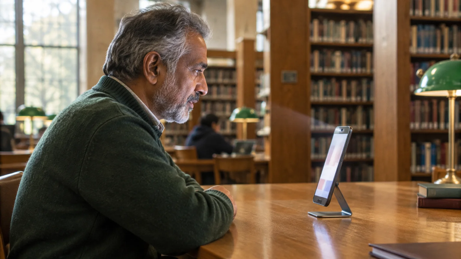 A man sitting at a library table looking at a propped-up smartphone with a faint light beam projecting toward his face.