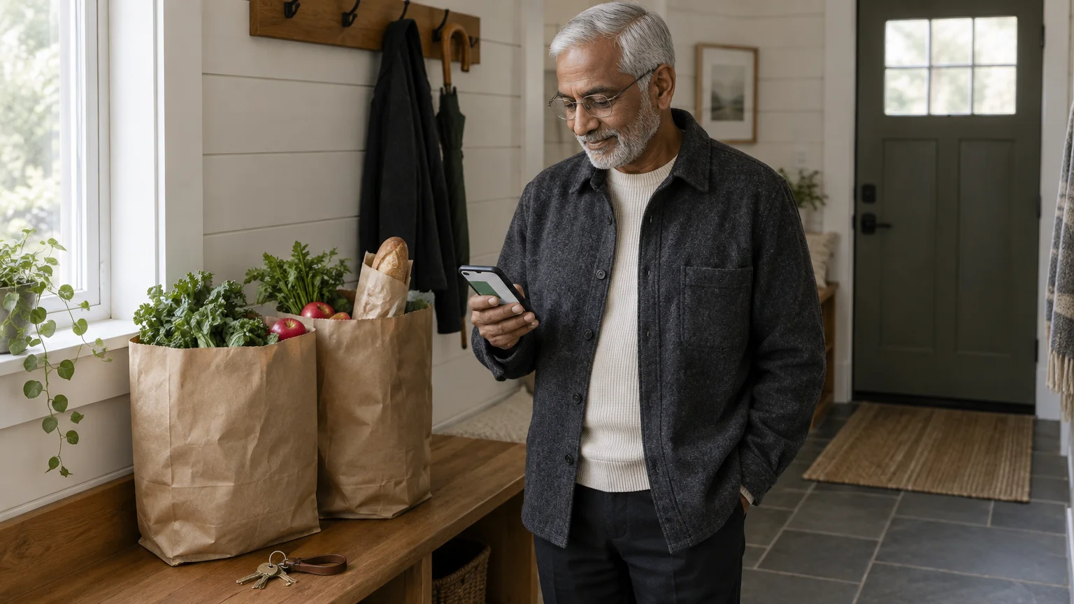 Senior man with glasses looking at his smartphone next to two paper bags filled with groceries in an entryway.