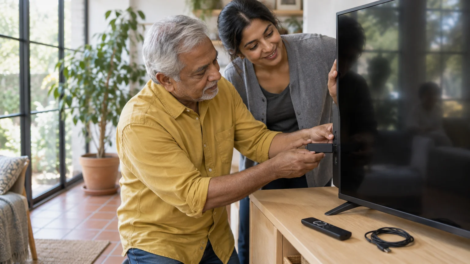 A man and woman plug a streaming stick into the HDMI port on the back of a flat-screen television.