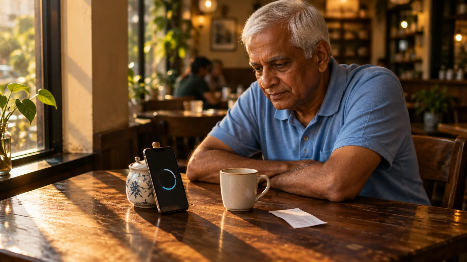 Older man sits at a wooden cafe table looking down at a smartphone propped upright beside a coffee mug.