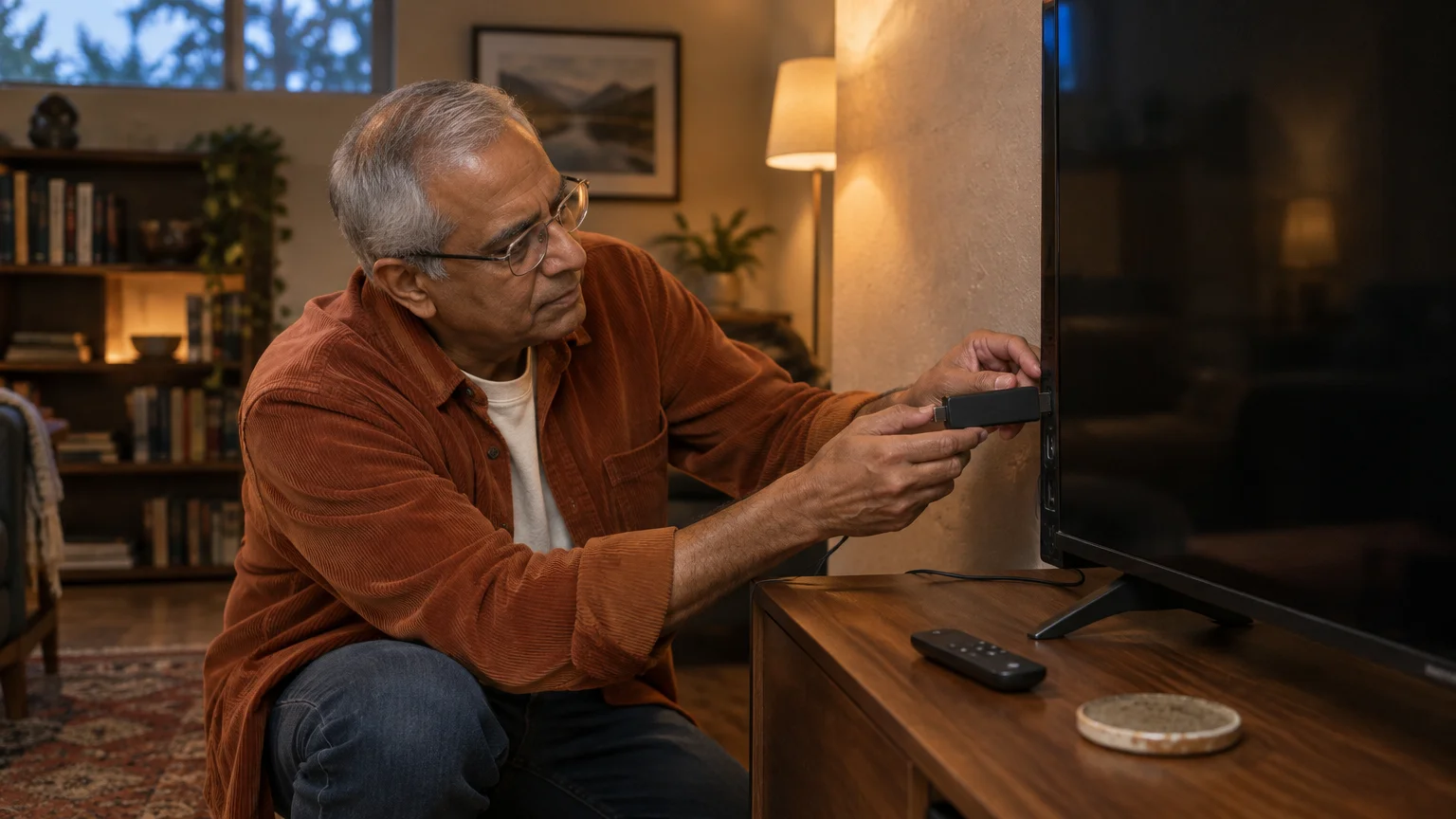 A man wearing glasses plugs a streaming stick into the side of a television in a living room.