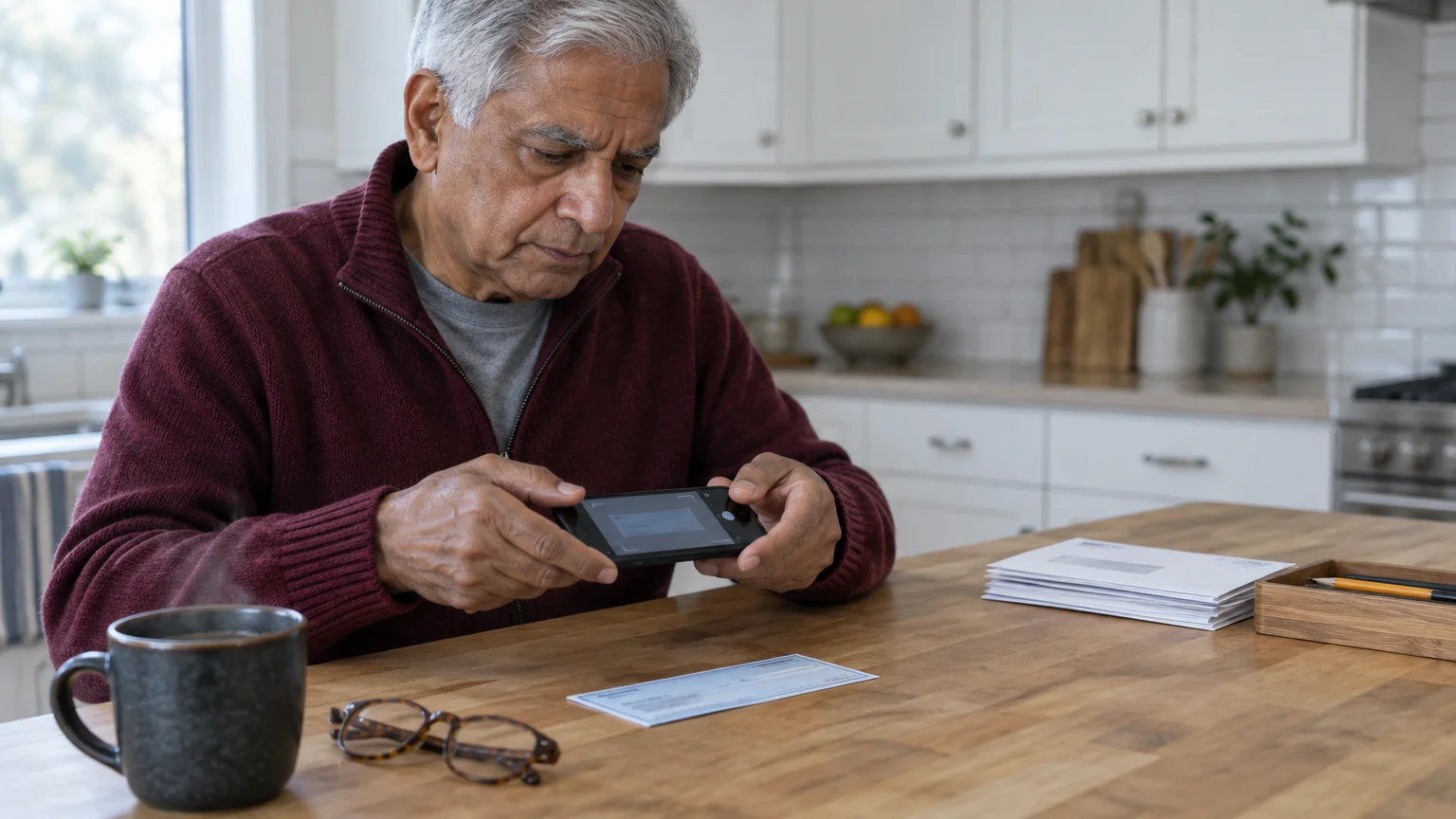 A senior man sits at a wooden kitchen island holding a smartphone horizontally to photograph a paper check.