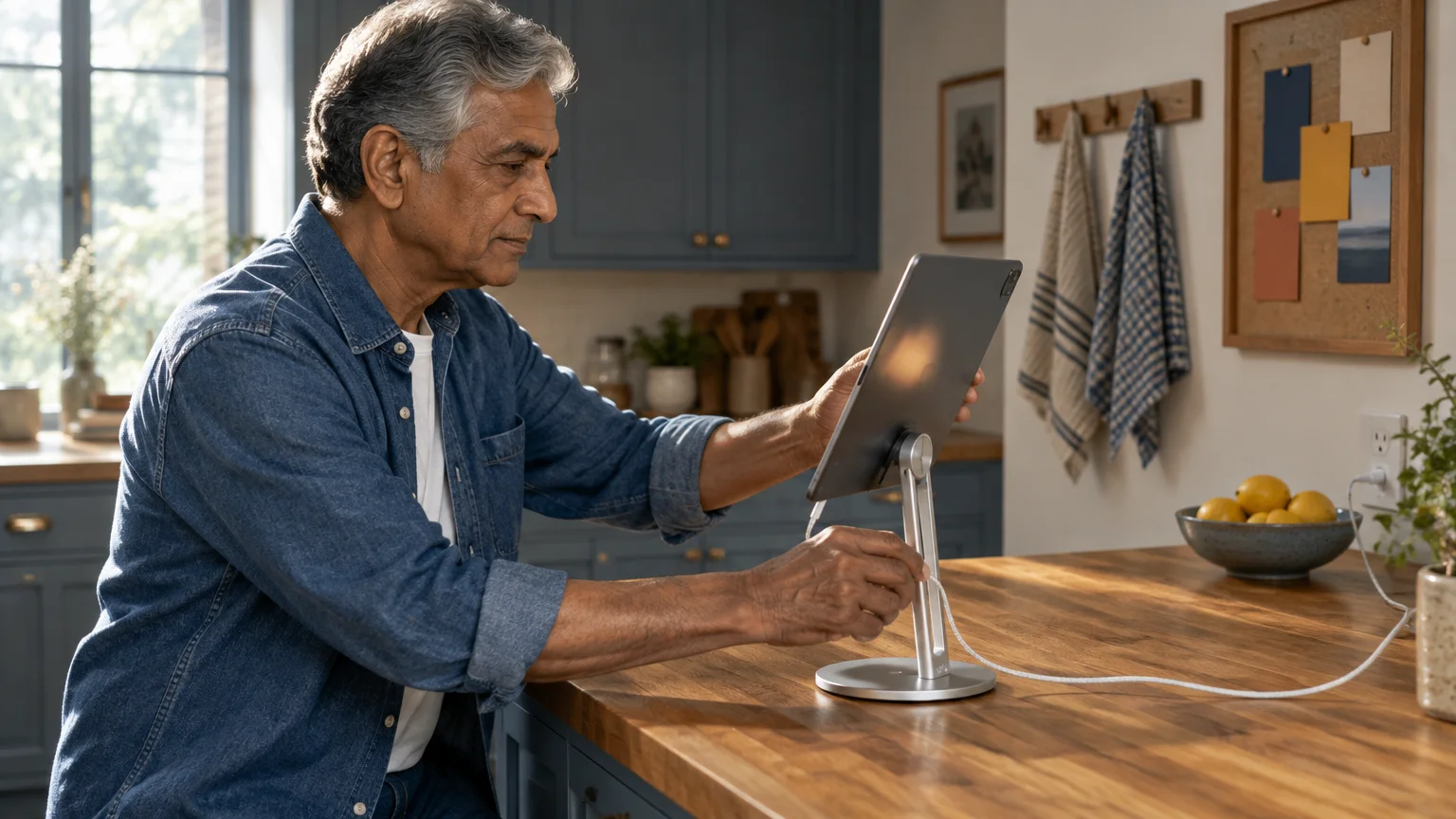A mature man adjusts a tablet mounted on a metal stand upon a wooden kitchen counter.