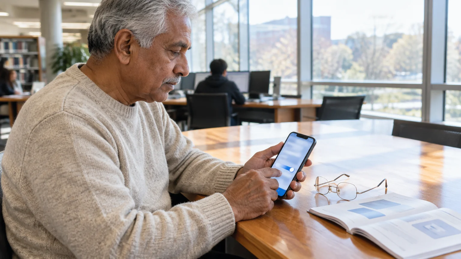 Older man with grey hair adjusting settings on a smartphone at a bright wooden table in a library.