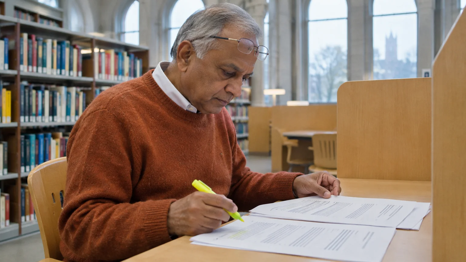 A man sitting at a wooden study carrel in a library, reading papers with a yellow highlighter in hand.
