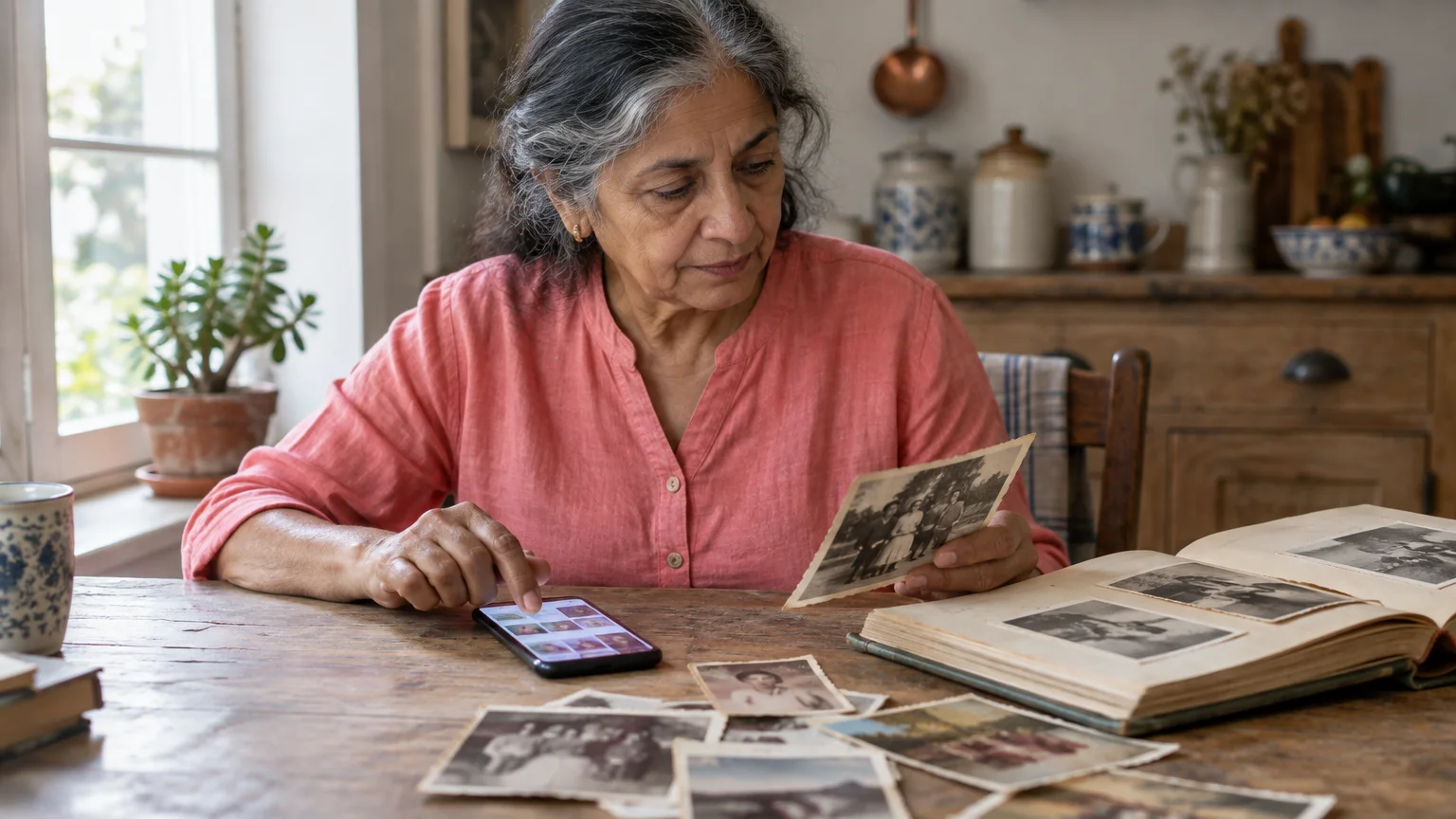 A senior woman sits at a wooden table looking at vintage photographs while browsing pictures on her smartphone.