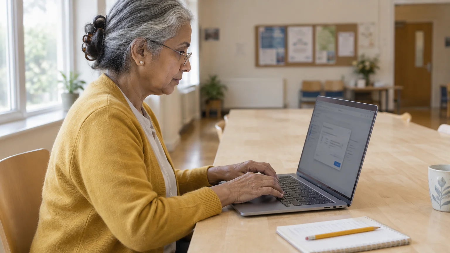 Older woman wearing glasses and a yellow cardigan types on a laptop seated at a long wooden table.