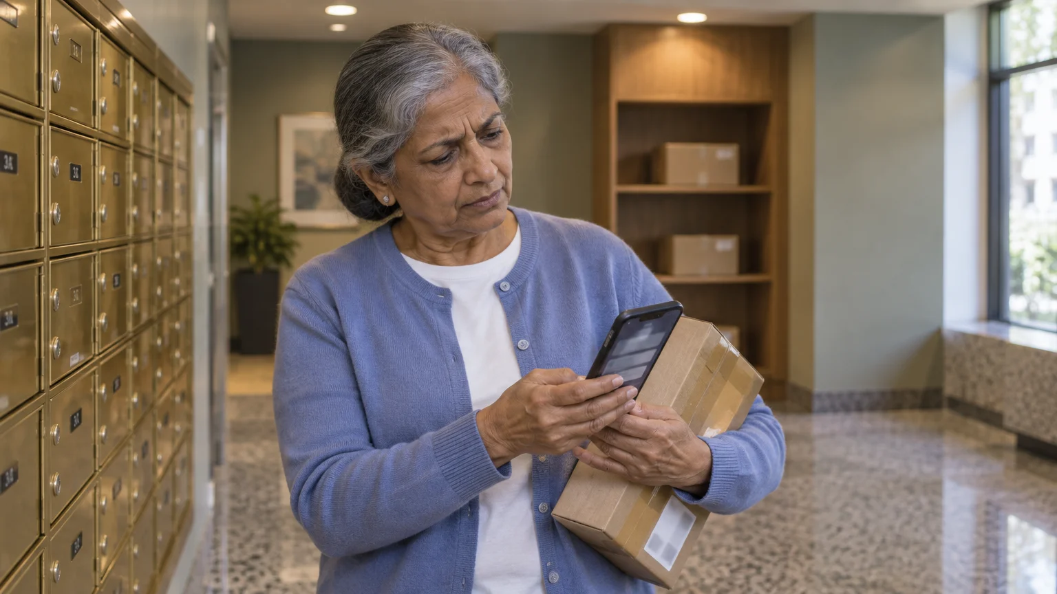 Older woman looking at her smartphone while holding a small cardboard parcel in an apartment mailroom.