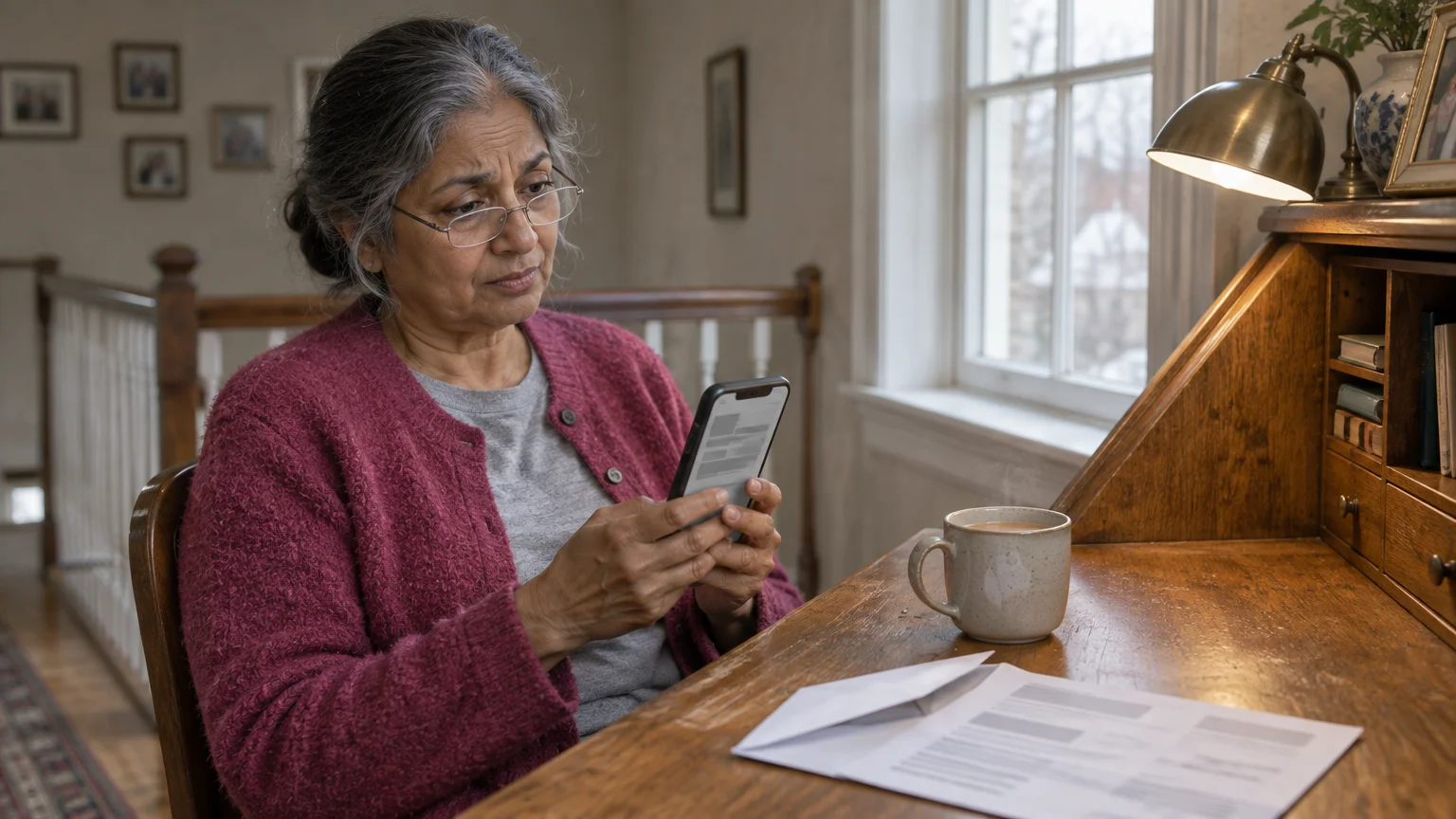 A woman with glasses looks thoughtfully at her smartphone while sitting at a wooden desk with tea and mail.