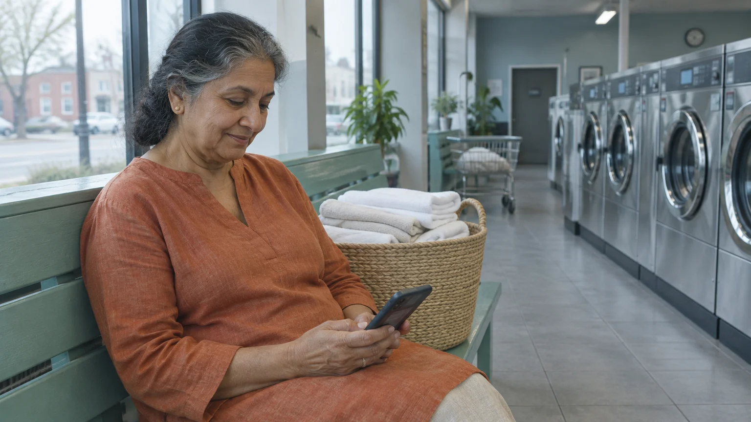 Woman sitting on a bench in a laundromat looking at her smartphone beside a woven basket of folded towels.