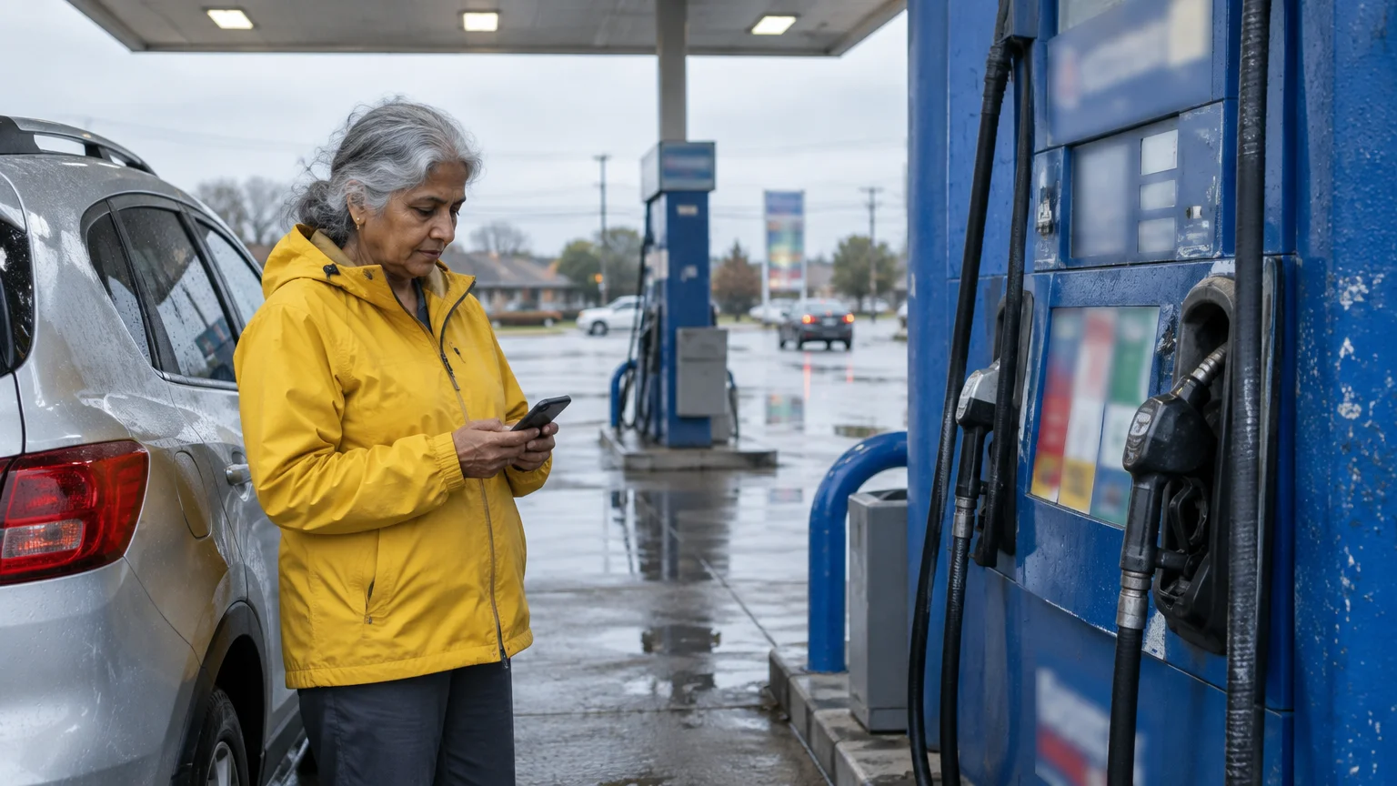 A woman in a yellow jacket stands next to her car at a gas station pump while looking down at her smartphone.