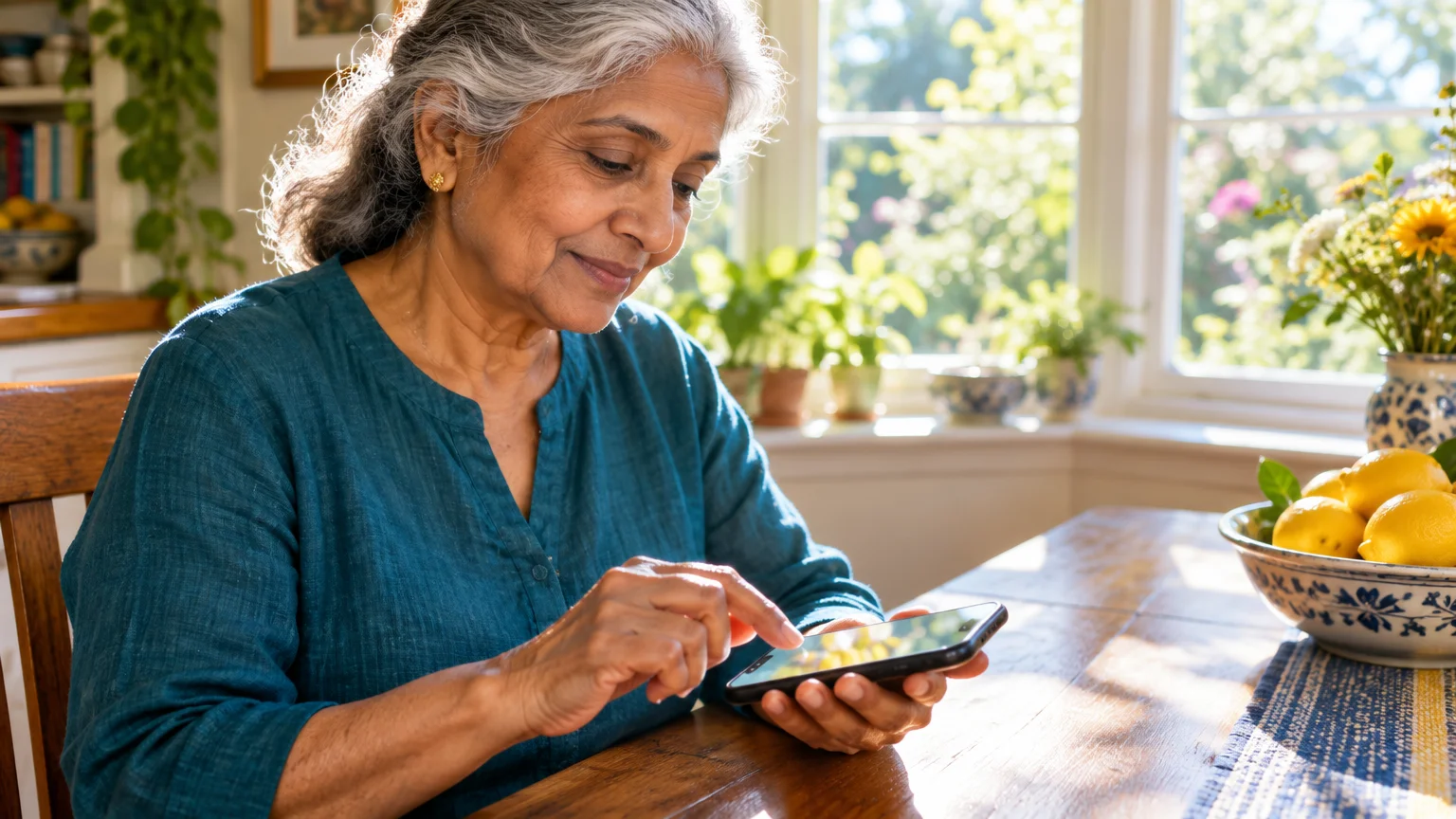 A smiling older woman with gray hair sits at a wooden table using a smartphone by a sunny window.