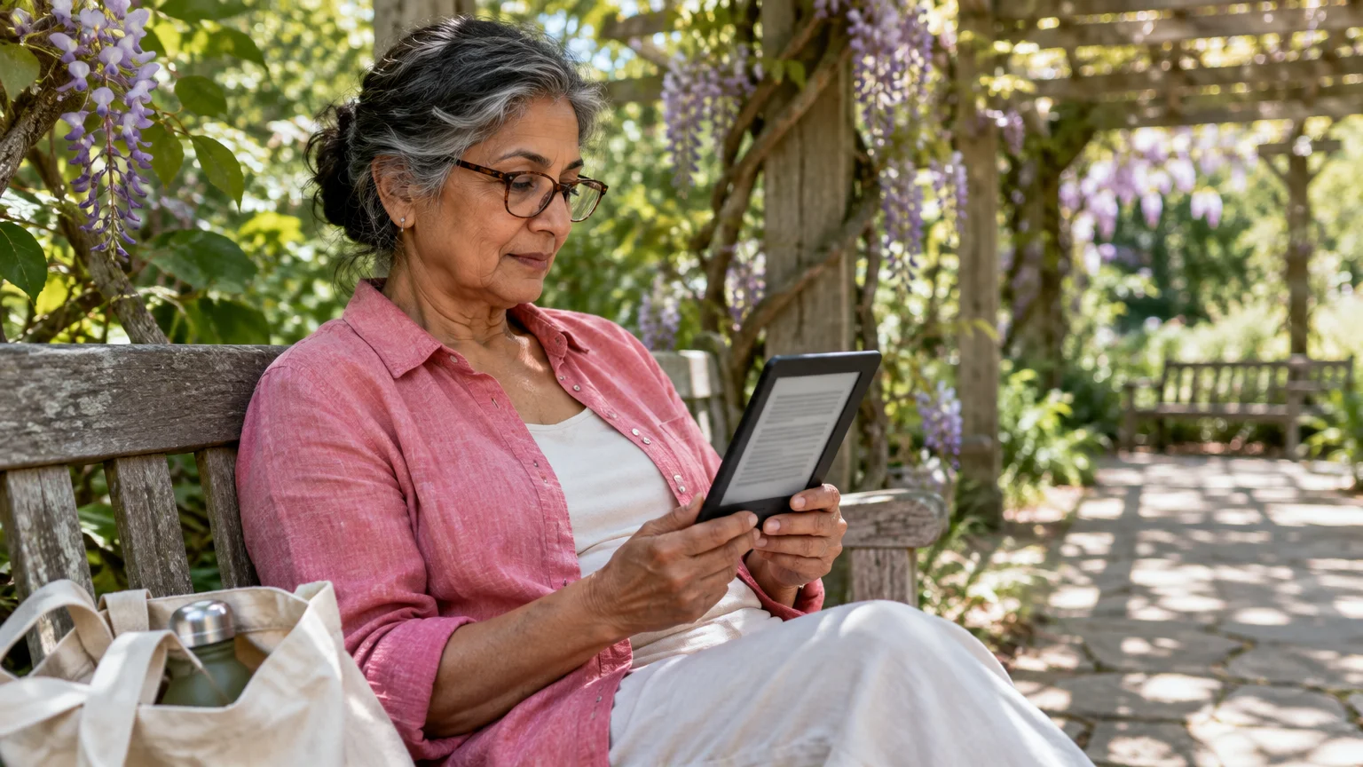 Woman with glasses sitting on a wooden garden bench reading an e-reader under a blooming wisteria trellis.