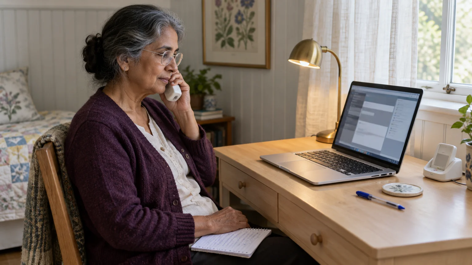 Senior woman sitting at a wooden desk with a notebook, talking on a landline phone while looking at her open laptop.