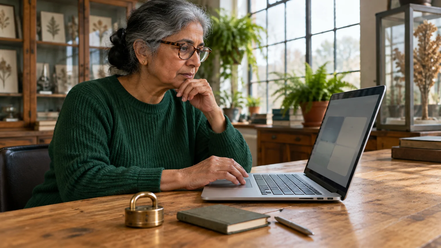 A woman with glasses sits at a wooden table using a laptop, with a brass padlock resting nearby.