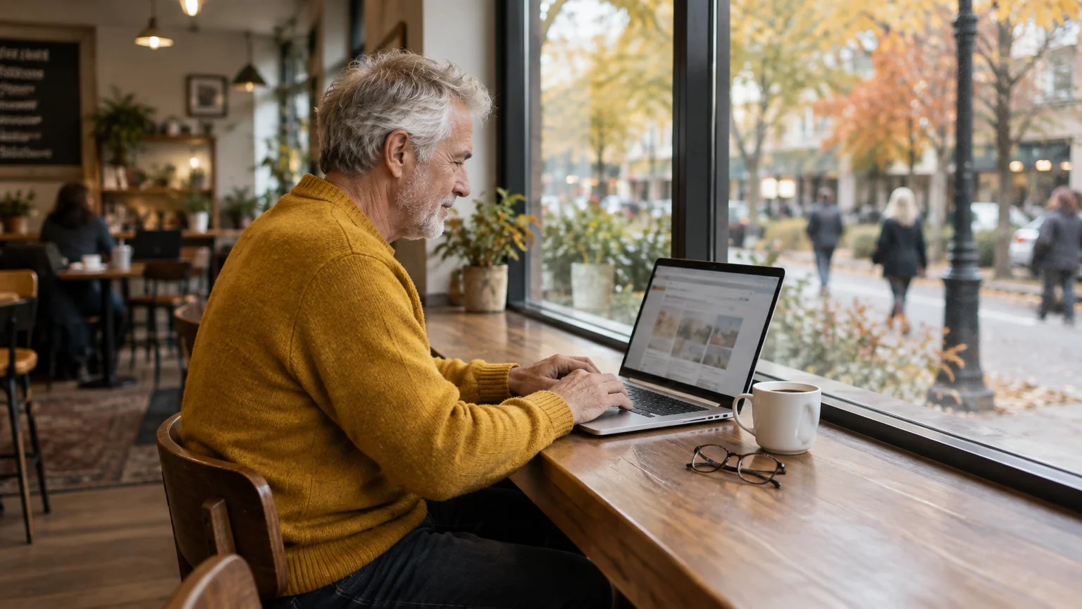 A senior man in a yellow sweater works on a laptop by a cafe window with a cup of coffee.