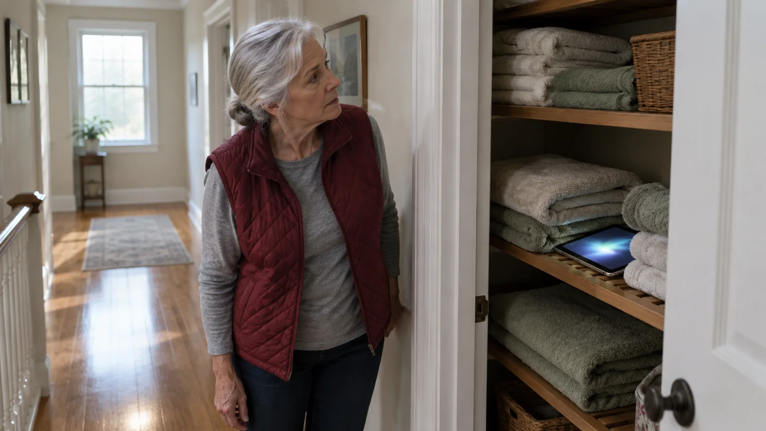 A woman looking into a linen closet where an illuminated tablet rests on a shelf among folded towels.