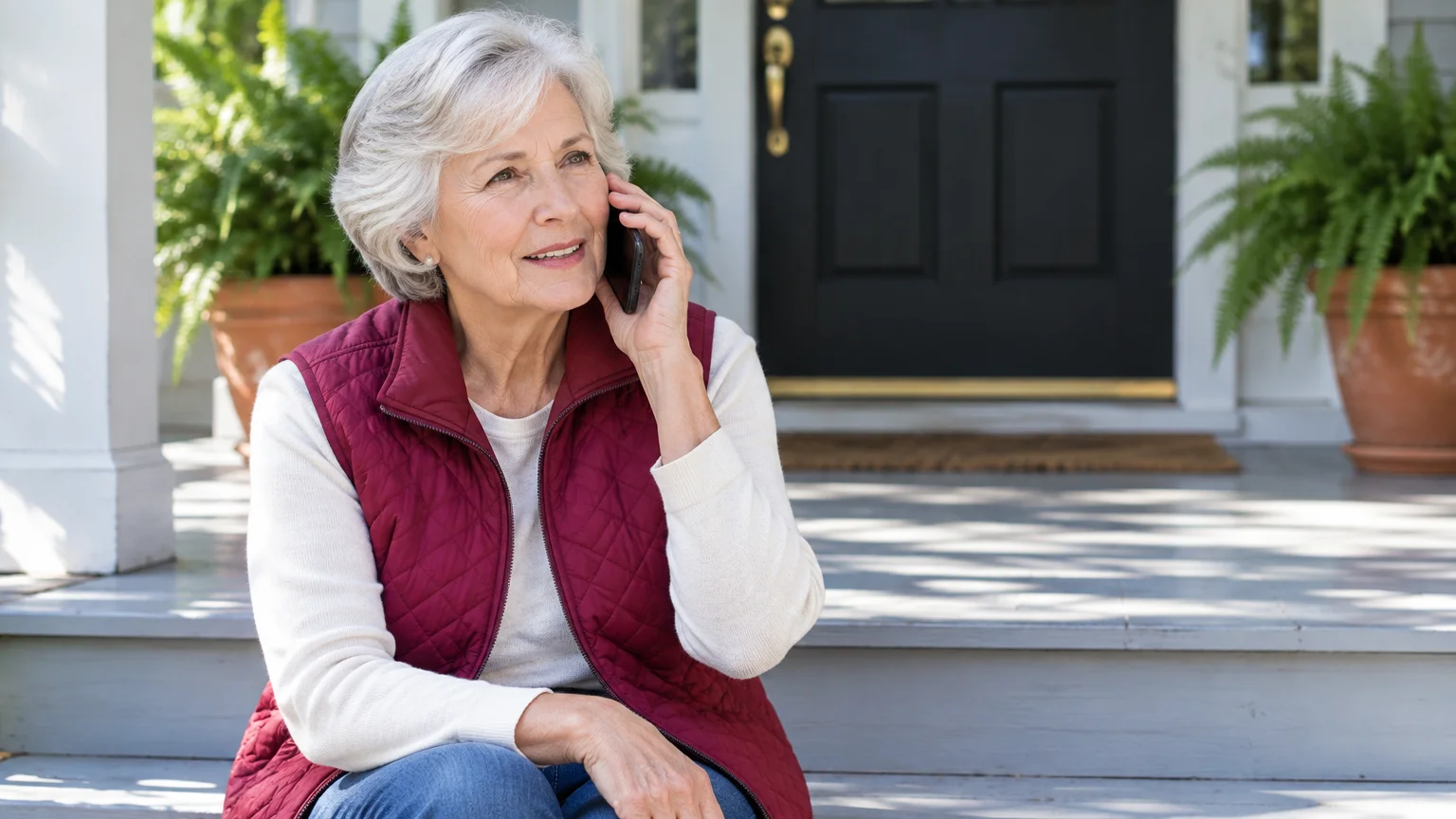 An older woman with short gray hair sits on front porch steps wearing a maroon vest and talks on a smartphone.