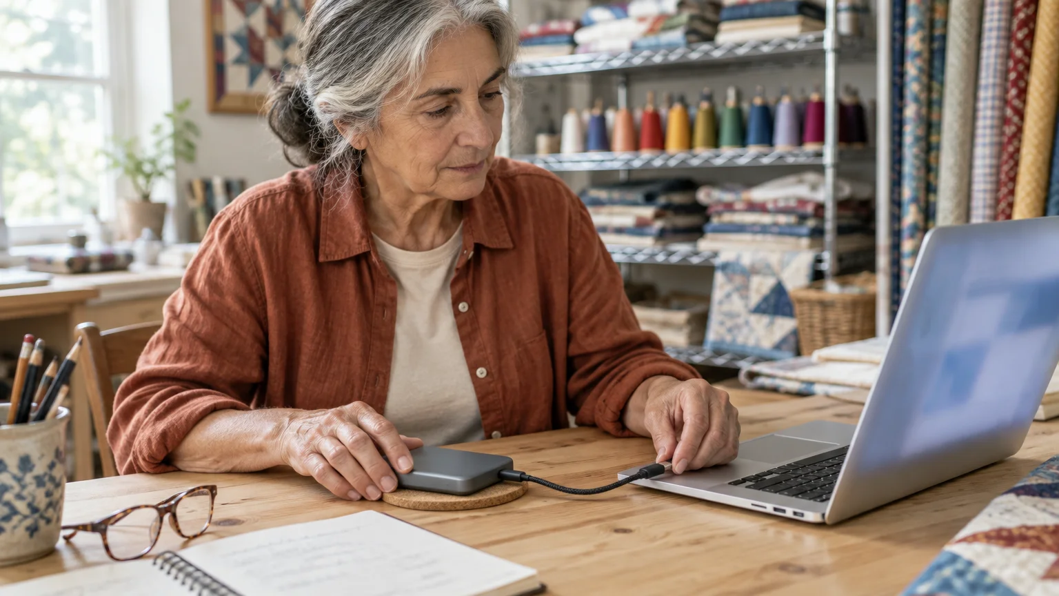 A senior woman plugging an external hard drive into a laptop at a wooden desk in a craft room.