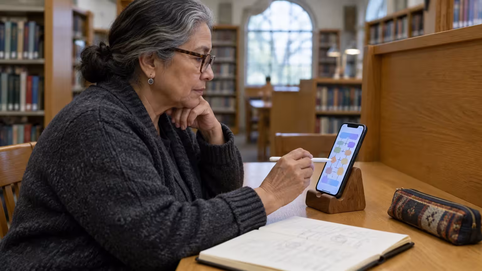 A woman with glasses in a library uses a stylus on a smartphone resting in a wooden stand on a desk.