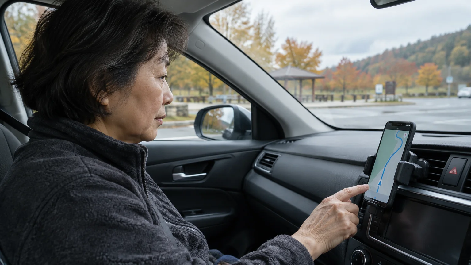 Woman inside a car touching a smartphone mounted on the dashboard displaying a GPS navigation route.
