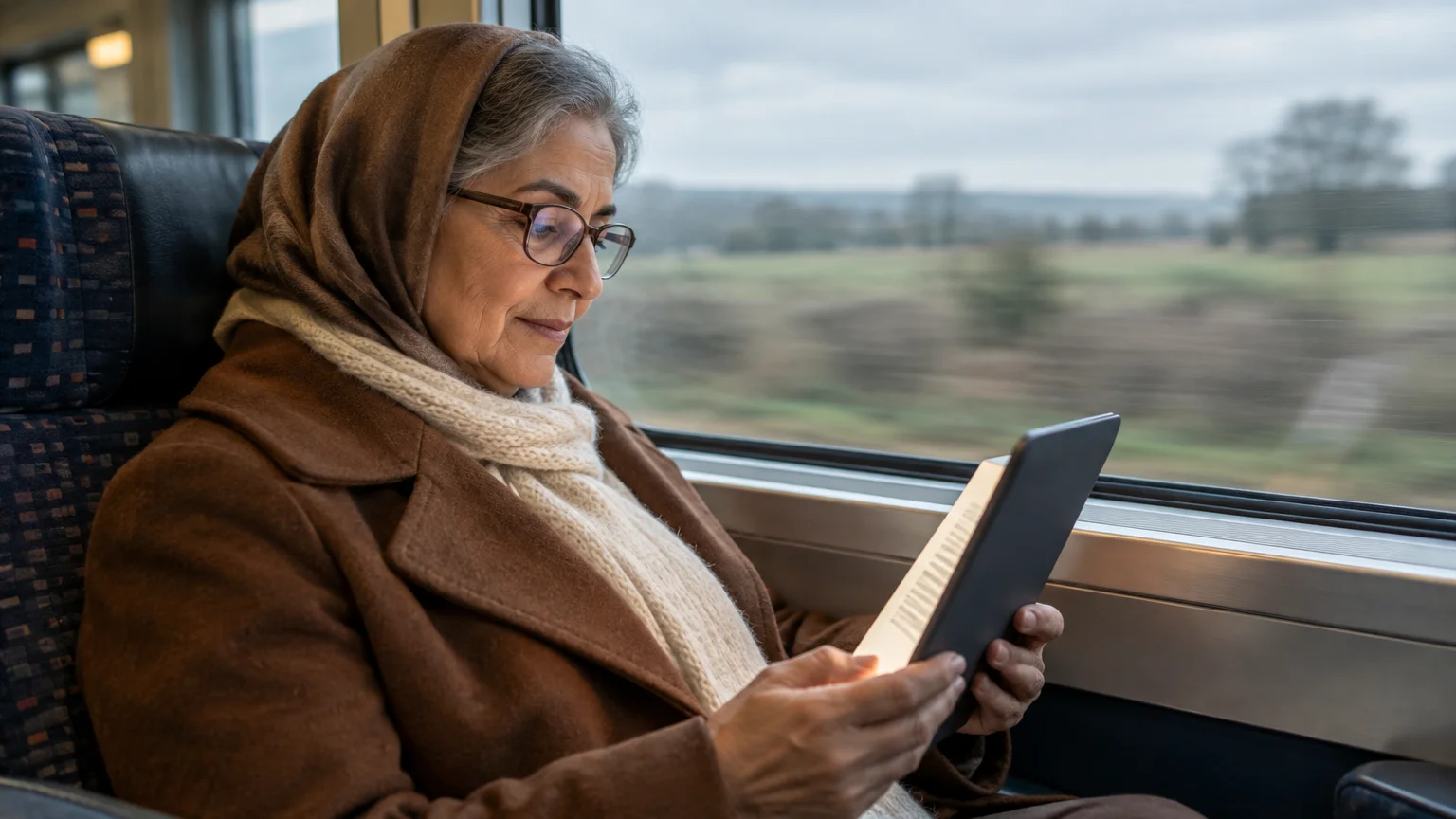 A woman wearing glasses and a headscarf reads an illuminated e-reader while seated beside a train window.