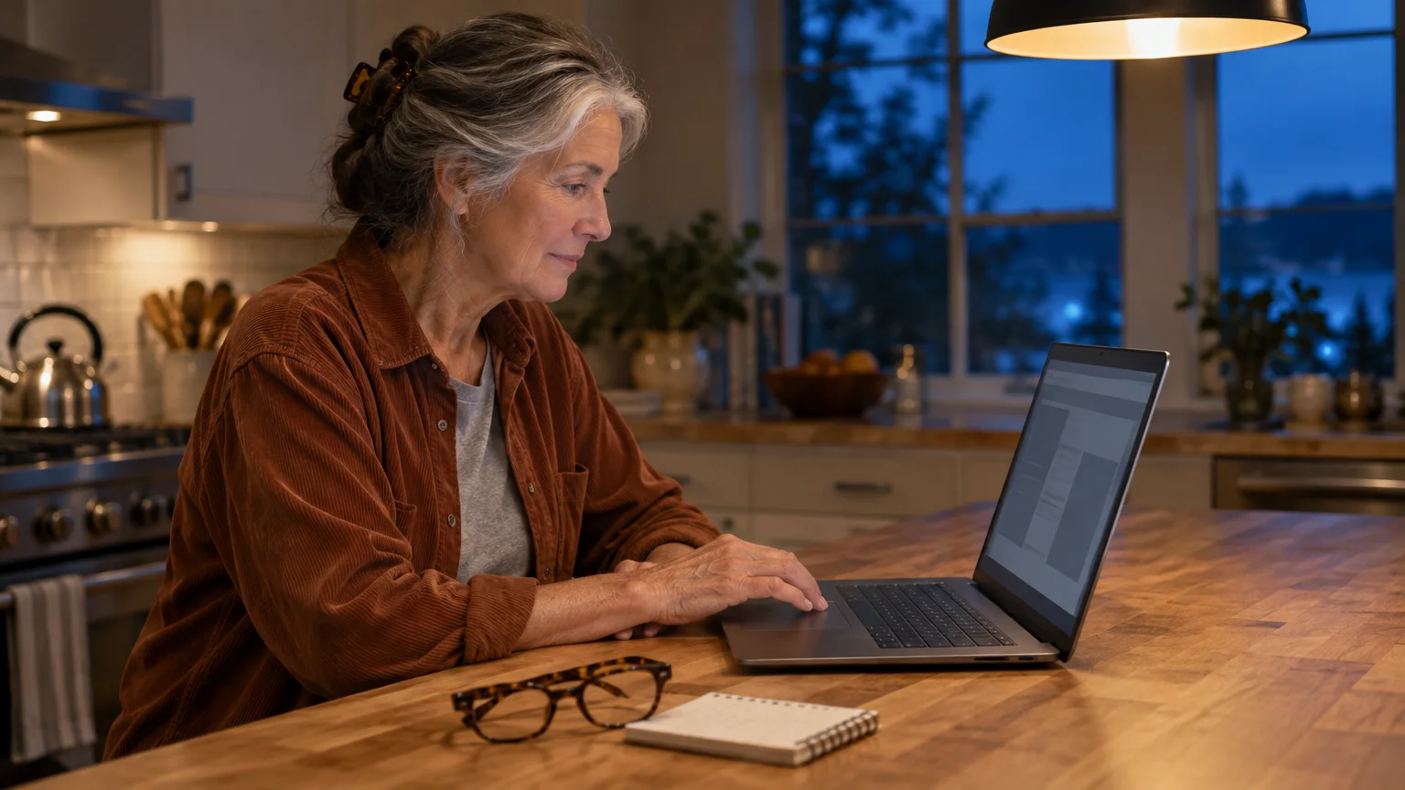 Senior woman sitting at a kitchen island using a laptop at night, with glasses and a small notebook on the counter.