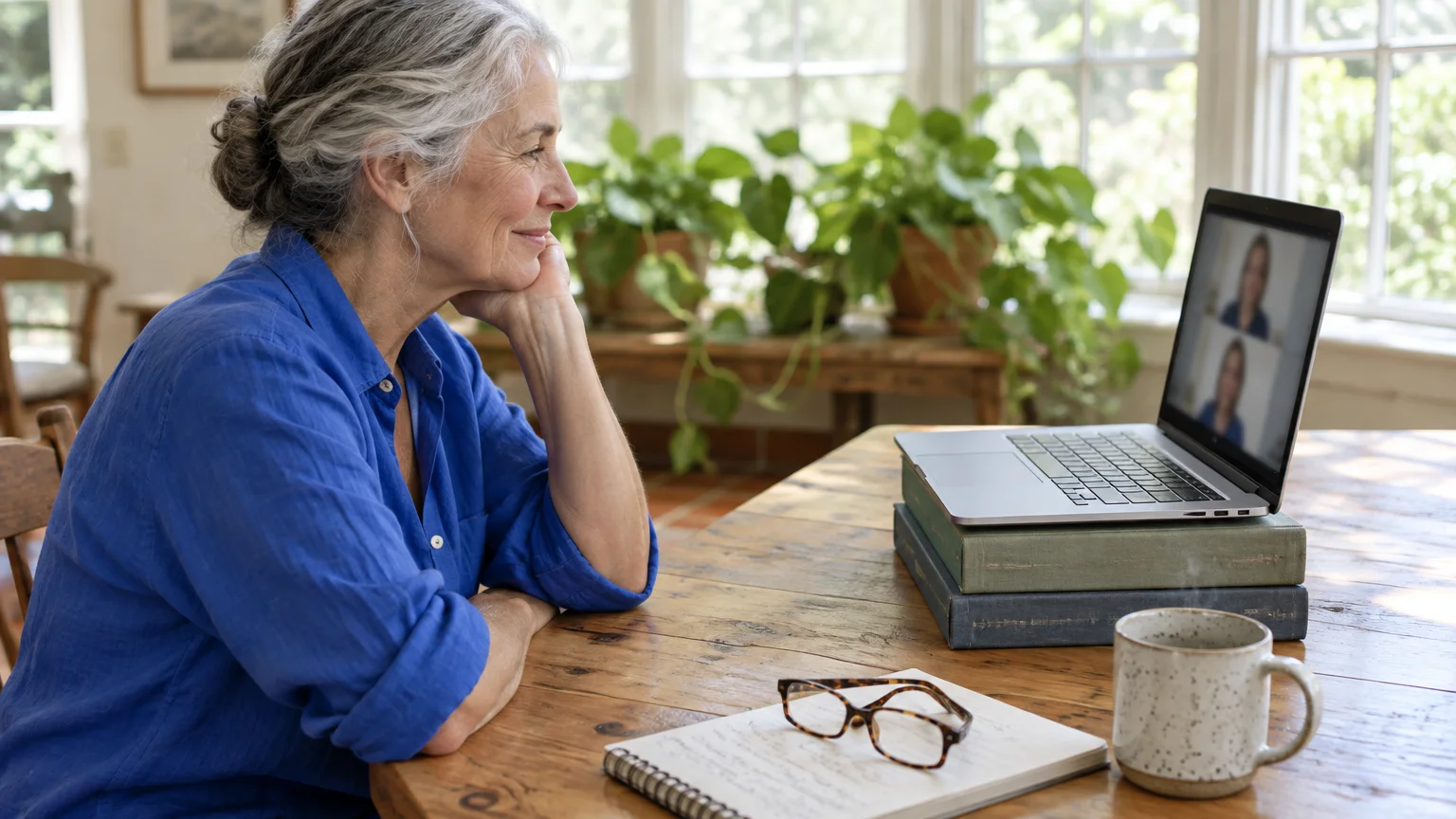 Senior woman smiling during a video call on a laptop propped up by books on a wooden table beside coffee.