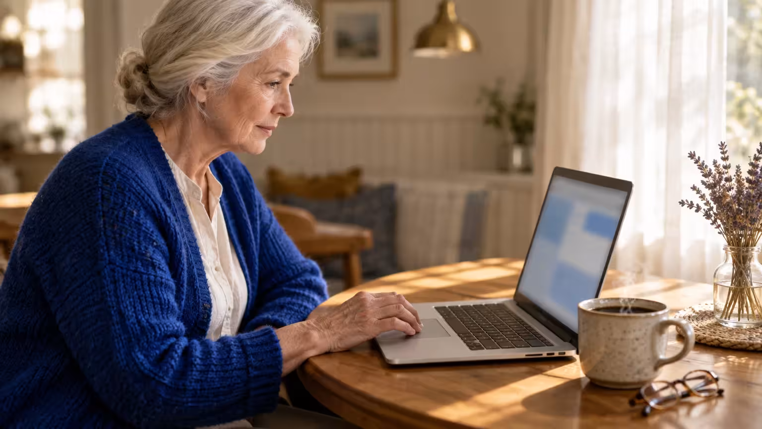 Senior woman in a blue cardigan working on a laptop at a round wooden table beside a mug of coffee.