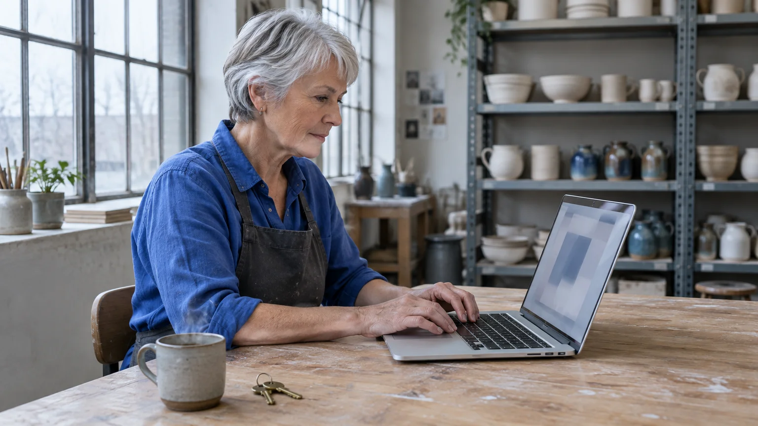 Older woman with short grey hair typing on a laptop at a wooden table in an art studio with pottery shelves.
