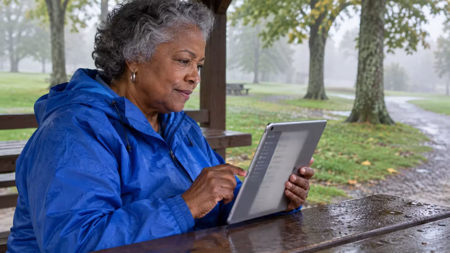 Senior woman in a blue raincoat holding a digital tablet at a wet picnic table in a park shelter.